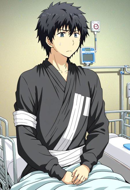 high resolution, solo, best quality, 1Boy, Arata Kaizaki, Black Hair, sick, bandage, helpless, patient, hospital, infusion, OverallDetail