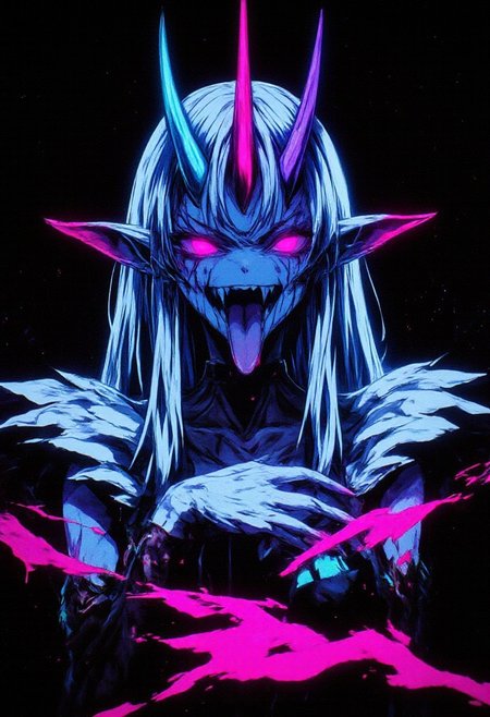 High quality, ultra-detailed, colorful, abstract fantasy artwork in an anime style, featuring a fantastical, otherworldly female creature. She has pale blue skin and long, flowing white hair that cascades sensuously over her shoulders, glowing faintly with an ethereal radiance. Her striking, glowing pink eyes exude a mix of allure and menace, while her mouth, open wide to reveal sharp, pointed teeth and a long, dripping pink tongue, adds an element of dark seduction.  
Large, pointed ears frame her face, alongside prominent curved horns in shades of blue and pink, adorned with intricate, glowing patterns that shimmer in hues of blue, purple, and pink. The surreal patterns enhance her otherworldly beauty, while her black choker and shiny, sleeveless metallic top evoke a subtle boudoir aesthetic, blending sensuality with dark fantasy.  
The background is a solid black, sharply contrasting with her vibrant palette and glowing features. Layers of glitch art, fragmented texts, and metallic textures merge into the backdrop, accented by smudged paint and scratches that suggest decay and technological interference. Monochromatic tones of black, grey, and hints of green amplify the moody ambiance. The composition dynamically blends abstract digital elements with the character’s flowing hair and glowing effects, creating a surreal, haunting beauty that captivates and unsettles.