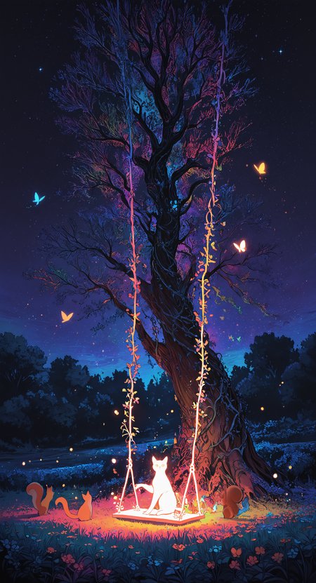 masterpiece, best quality, good quality, very awa, newest, highres, absurdres, sitting, flower, outdoors, tree, no humans, night, glowing, animal, cat, grass, plant, bug, star \(sky\), butterfly, scenery, nature, starry sky, bush, animal focus, creature, vines, colorful, squirrel, swing, fireflies, limited palette, sketch, glowing, psychedelic, <lora:illustriousXL_stabilizer_v1.23:0.3> <lora:NOOB_vp1_detailer_by_volnovik_v1:0.3> <lora:ponyv6_noobE11_2_adamW-000017:0.3> <lora:114558v4df2fsdf5:0.7> <lora:mon_monmon2133:0.6>
