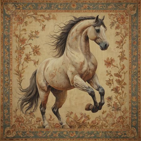 award winning photo, 

An ancient tapestry depicting a rearing horse in 3d, muted pastel colors, beautiful and detailed,
