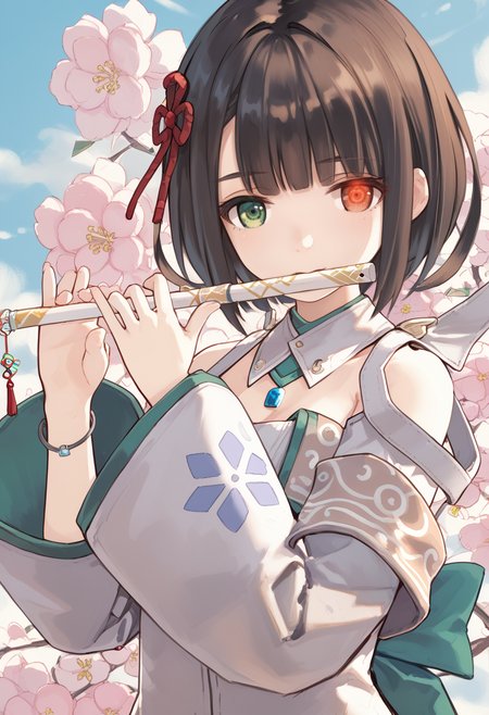 (score_9:0.9),score_8_up,score_7_up,rating_safe,anime style,(zPDXL),<lora:Xb3 miyabi ponyXL v1:0.85>,miyabi xb3,white detached sleeves,white dress,white detached collar,red hair ornament,1girl,solo,flute,playing flute,heterochromia,music,looking at viewer,holding,bracelet,holding instrument,upper body,glowing red eye,3d,game style,<lora:flute:0.7>,