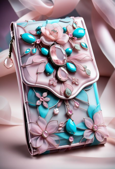 a wallet made out of reij-rsrgnz <lora:RoseOrganza-000006:0.8>, stands in a showcase, decorated with pink and turquoise details