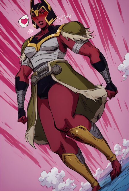 score_9, score_8_up, score_7_up,,  good quality ,, character focus, solo, , best quality ,    <lora:looma-09:1.2>  looma, solo, red skin, armor, 1girl, bandages, shoulder armor, helmet, horns,   white borders, simple background, pink background, blushing, abstract background, hearts, steam,  <lora:Expressive_H:1> Expressiveh   <lora:Jojo:1> <lora:ApproachingMeMeme_pdxl_Incrs_v1:1> ApproachingMeMeme, dutch angle, walking