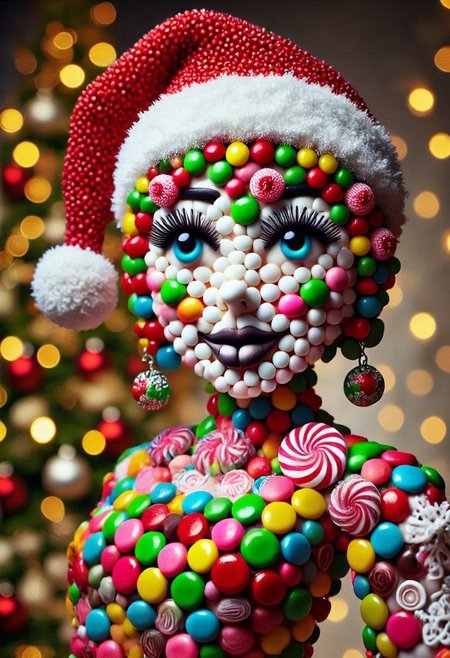 CHRC4ND7,  Female Cyborg with Santa hat, <lora:mrpcanrnet2:1> style of paint of mrp, mrph of a carnet mrpcanrnet2 with mrpdamier on (mrpvp), covered of mrpv, cyberpunk sign that reads:("CYBER CANDY")