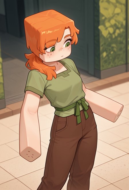 <lora:alexmc-05:1> alexmc, orange hair, 1girl, solo, green eyes, long green shirt, brown pants, short sleeves, freckles, square arms, square body, green waist ribbon, dynamic pose,, masterpiece, best quality, amazing quality, very aesthetic, absurdres, newest,