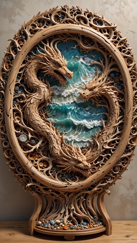 round plate on a display stand, hand Carved, 3D Seascape, abstract art, Carving, Ultra Intricacies, EPIC, <lora:3D_Framed_Wall_Art_-_By_DICE:0.4>, (3D Framed, Plate), <lora:Driftwood_Detailed_Art_-_By_DICE:0.8> , driftwood dragon, Painstaking Attention To Details, UHD