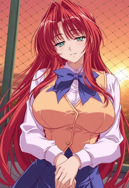 masterpiece, best quality, newest, highres, uncensored, 1girl, yokota mamoru style,1girl,
Himemiya Ayumi,Red Hair,Long hair, Waist Length hair,Green Eyes,Big Breast
1girl, solo, blue eyes, sunset, school uniform, chain-link fence, long hair, fence, bow, hair intakes, dutch angle, own hands together, hair bow, long sleeves, rooftop,seductive smile ,torogao,looking at the viewer