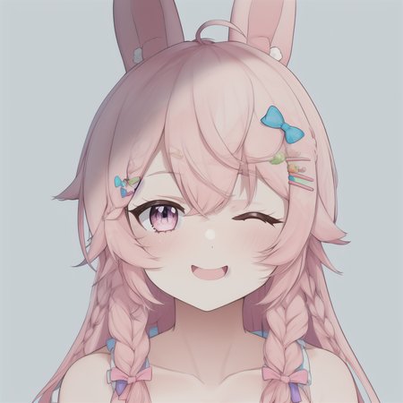 the photo of a 1girl, ahoge, animal_ears, bare_shoulders, blue_bow, bow, braid, collarbone, hair_bow, hair_ornament, hairclip, long_hair, one_eye_closed, open_mouth, pink_eyes, pink_hair, rabbit_ears, simple_background, smile, solo, twin_braids, upper_body, virtual_youtuber, white_background, pipkin pippa