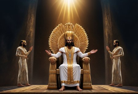 A majestic pharaoh with face of Cyrus the great sits in golden regalia sits illuminated by warm sunlight, cobra crown gleaming, on an ornate throne. Hieroglyph-covered columns tower behind, priests bow reverently. Hyper-realistic rendering with dramatic lighting, rich textures, and historically accurate Egyptian details. gold scrollwork, novuschroma style
