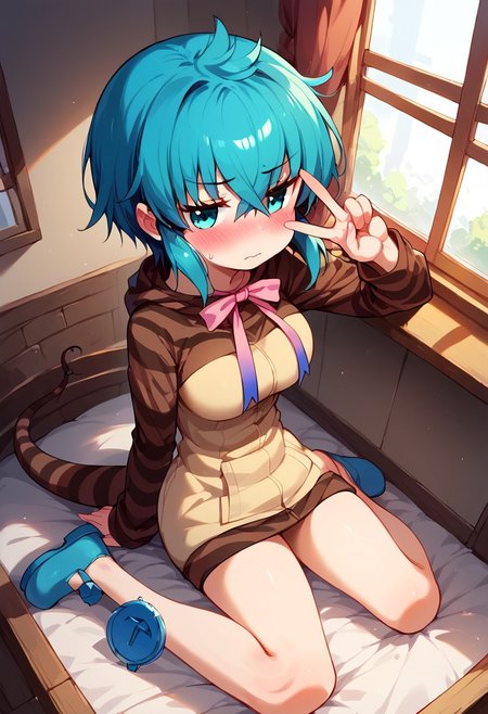 1girl, ((solo)), best quality, ultra-detailed, extremely detailed, perfect anatomy, masterpiece, score_9, score_8_up, score_7_up, Expressiveh, tsuchinoko (kemono friends), hoodie, striped hoodie, hood, long sleeves, neck ribbon, pink ribbon, striped hoodie, aqua hair, aqua eyes, geta shoes, short hair, striped tail, snake tail, medium breasts, fully clothed, taking a selfie, selfie, viewed from above, peace sign over eyes, blushing, embarrassed, looking to the side, indoors, in the bedroom, (window seat), sitting next to window, window with light shining in, window sill, dutch angle,