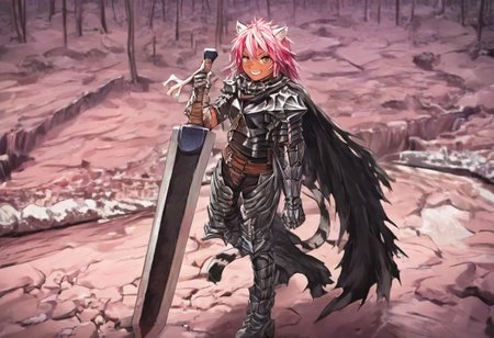 masterpiece, very aesthetic, anime screenshot, 1girl, Pink_PonyXL, DragonSlayerSword-Il.V1.0, white tiger striped armor, white tiger striped shoulder armor, gauntlets, greaves, bandaged arm, white tiger striped cape, torn cape, bright pink hair, cat ears, scar on nose, cat bell around neck, tanned, white tiger tail, small breasts, femine body, smiling, making a cute cat face, single fanged tooth showing, standing, looking at viewer, side view, wielding-dragonslayer, huge weapon, sword, holding sword, holding weapon, full body, zoomed in on pink_ponyxl, Dutch angle, cowboy shot 
Break
Hyilian lake, bright and sunny,