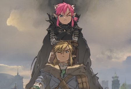 masterpiece, very aesthetic, anime screenshot, 1girl, Pink_PonyXL, black armor, shoulder armor, gauntlets, greaves, bandaged arm, black cape, torn cape, scar on nose, one eye closed,, bright pink hair cat bell around neck, cat ears, tanned, white tiger tail, small breasts, scowling, standing looking at viewer
Break
1boy, link1,link,pointy ears,blonde hair,blue eyes,medium hair,side locks,earrings,short ponytail, hylian tunic
Break
City of hyrule on fire, at night