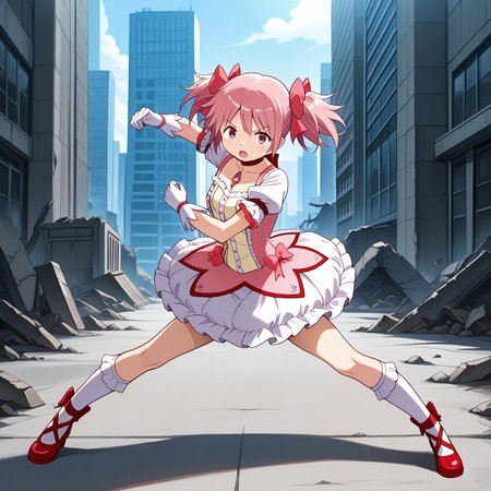 masterpiece, best quality, ultra-detailed, absurdres, newest, 1girl, solo, madoka kaname, short twintails, hair ribbon, magical girl, choker, brooch, ryukifinalvent, dynamic pose, legs apart, looking at viewer, open mouth, serious, outdoors, urban, city, ruins, full body,
