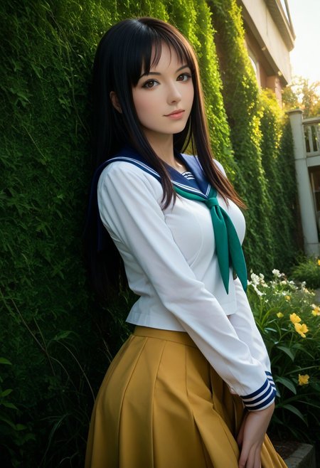 score_9, score_8_up, score_7_up, score_6_up, 
photo, 2000s nostalgia, cinematic, AdrianoStyle, flowers background, god rays, (1girl, wakoto,black hair,long hair,brown eyes, lips, school uniform, serafuku, white shirt, long sleeves, blue sailor collar, blue long skirt, green neckerchief, large breasts),
upper body, face focus, dynamic angle,cinematic angle,dutch angle,looking at viewer,standing split, leg up,rooftop,fence,sunset,, masterpiece,best quality, very aesthetic, absurdres, ultra detailed, high resolution, 4k, extremely detailed CG,Expressiveh