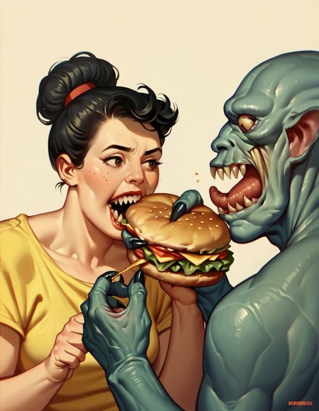 score_9, score_8_up, score_7_up, score_6_up, hud_plp_mag, 1girl, long black hair, plump, hamburger, monster eating woman, eyes and sharp teeth,retro artstyle, parody, <lora:pulpmagcover-000008:1>,