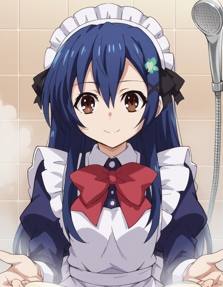 score_9, score_8_up, score_7_up, source_anime, <lora:shiori-itsuka-s2-ponyxl-lora-nochekaiser:1>, shiori itsuka, long hair, hair ornament, brown eyes, blue hair, hairclip, otoko no ko,, long sleeves, dress, bow, frills, bowtie, apron, red bow, maid, maid headdress, crossdressing, enmaided, shower, water, steam, shower head, tiles, smile, <lora:the-pose-ponyxl-lora-nochekaiser:1>, the pose, on stomach, feet up, lying, soles, feet, legs up, head rest, barefoot, looking at viewer, solo,, dutch angle, cowboy shot