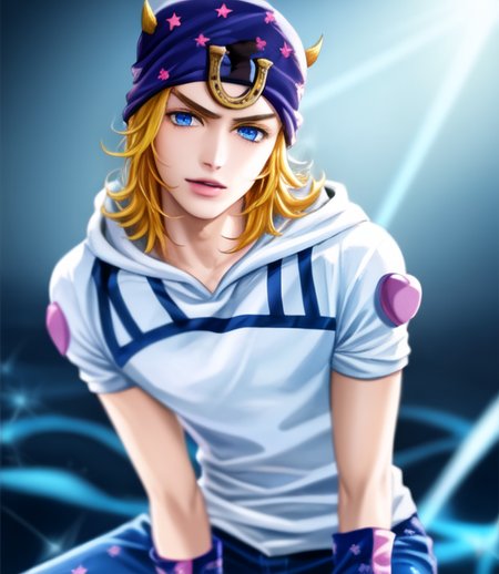 <lora:johnnyjojo:1.2> muscle arms, ((johnnyjojo)),  halfbody,  hat, 1boy, blonde hair, blue eyes, masterpiece, best quality solo, 4k, 8k, pixiv art, male fucus, male, closed mouth, detailed face, hires, HQ, blue pants,  volumetric lighting, best quality, masterpiece, intricate details, tonemapping, sharp focus, hyper detailed,  vivid color tone,fantasy color tone,  bright eyes,   background, digital painting, anime  <lora:sakimiChanLora_v10:0.5>