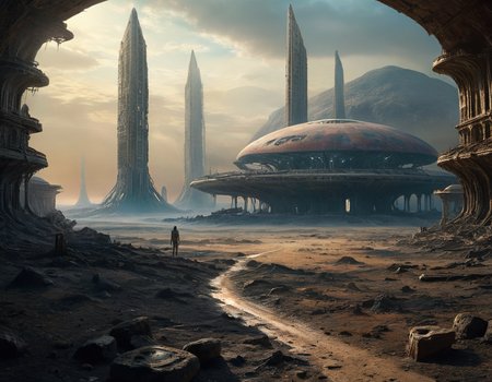 cinematic still In this forsaken land, the remnants of an alien civilization stretch endlessly into the horizon, their grandiose architecture reduced to mere shadows and whispers, haunting reminders of worlds long gone . emotional, harmonious, vignette, 4k epic detailed, shot on kodak, 35mm photo, sharp focus, high budget, cinemascope, moody, epic, gorgeous, film grain, grainy, b3ks1n, In this forsaken land, the remnants of an alien civilization stretch endlessly into the horizon, their grandiose architecture reduced to mere shadows and whispers, haunting reminders of worlds long gone, joined, still vivid colors, surreal, elegant, highly detailed, very inspirational, beautiful, intricate, delicate, epic, cinematic, light, glorious, clear, artistic, extremely inspired, rich