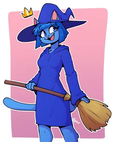 score_9_up, score_8_up, score_7_up, score_6_up, by remanedur, blue hair, medium breasts, furry female, blue eyes, female, furry, cat, blunt bangs, blue robe, witch, blue witch hat, crown, floating crown, short hair, blue hair, blue body, tail, solo, happy, smile, three-quarter view, happy, smile, broom, broom riding,  head tilt, simple background, white outline, <lora:PDXL_artist_tags_v2_big:0.5> <lora:The-Minuscule-Task_PDXL_v1.0:0.6>   <lora:Cat_Witch_smekbo:0.9>