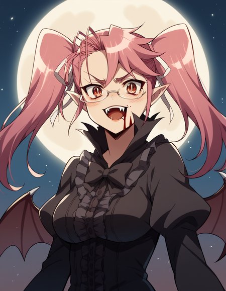 score_9, score_8_up, score_7_up, source_anime, sayatakagi, <lora:saya-takagi-ponyxl-lora-nochekaiser:1>, saya takagi, long hair, ribbon, twintails, brown eyes, hair ribbon, pink hair, glasses, large breasts,, <lora:vampire-ponyxl-lora-nochekaiser:1>, vampire, red eyes, pointy ears, fangs, black dress, wings, blood, blood on face, blood on mouth, bat (animal), halloween, halloween costume, upper teeth only, night, moon, blush, smile, open mouth,, looking at viewer