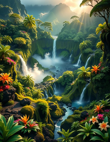 A breathtaking view of an ancient, dormant volcano now transformed into a lush, vibrant natural sanctuary. The crater is filled with dense tropical forests, colorful exotic flowers, cascading waterfalls, and mist swirling gently in the morning light. Vines and moss cover the dark volcanic rocks, and small streams wind down the slopes. while rays of sunlight pierce through the dense canopy, creating sparkling reflections on the water. The atmosphere feels peaceful, enchanted, and untouched by humans. The scene is depicted in an ultra-detailed, hyper-realistic style, with warm, soft lighting and rich, saturated colors that enhance the magical and serene mood of the landscape.
<lora:SDXLFaeTastic2400:0.4> <lora:extremely_detailed:0.4> extremely detailed, <lora:dormant_v0lc4n0:1>,dormant v0lc4n0, Masterpiece,best quality,hi res,8k,hi res,8k,award winning,(sharp focus, intricate, highly detailed),