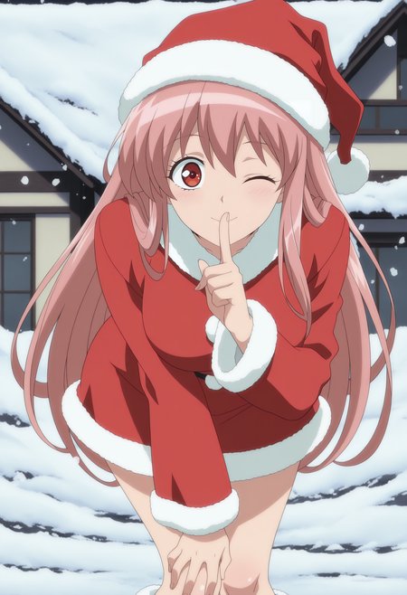 1girl,solo,mm,aged up,long hair,pink hair,red eyes,anime coloring,
santa costume, santa hat, shushing, one eye closed, light blush, snow,looking at viewer, leaning forward, hand on own knee, 
,masterpiece,best quality,amazing quality,<lora:Mayura_Daidouji-Matantei_Loki_Ragnarok:0.8>