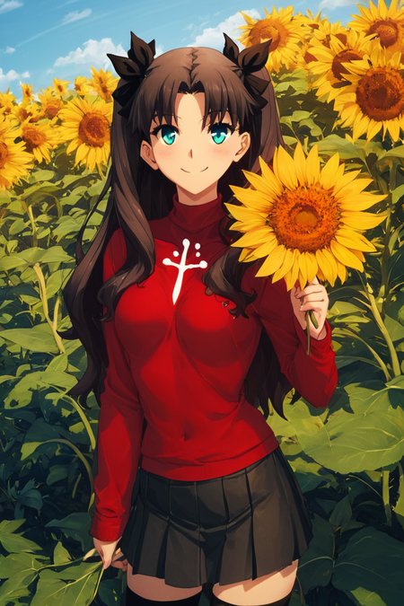 score_9, score_8_up, score_8, medium breasts, (curvy), cute, eyelashes,       BREAK, , BREAK, <lora:rin-tohsaka-ubw-ponyxl-lora-nochekaiser:0.8>, rin tohsaka, aqua eyes, black hair, hair ribbon, long hair, ribbon, sidelocks, two side up, parted bangs, black skirt, black thighhighs, long sleeves, miniskirt, pleated skirt, red sweater, skirt, sweater, thighhighs, turtleneck,, zzSunflower, upper body, outdoors, hand up, portrait, one eye covered, yellow flower, holding flower, <lora:Sunflower_PDXL_v2:0.8>, , BREAK,  smile, looking at viewer, cowboy shot,  embedding:zPDXL, Expressiveh, <lora:SDXLFaeTastic2400:0.5>,  <lora:Expressive_H-000001:0.4>,