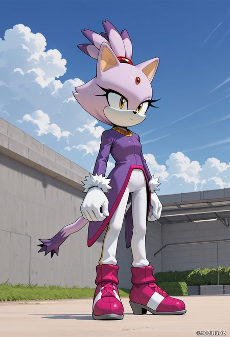 score_9, score_8_up, score_7_up, ASCII score_9, source_anime, 8K,best quality, hyper detailed,masterpiece, UHD,illustration, sky, blue sky,(Cover-style: 1.3), Detailed background, detailed background, outdoor, sky, cloud, wind, day, blaze the cat, 1outfit, 1girl, solo, gloves, forehead jewel, animal ears, cat ears, tail, cat tail, furry female, cat girl, furry,  fur trim, white gloves, purple coat, white pants, full body, closed mouth, pants, coat, standing, topknot, fur-trimmed footwear, fur-trimmed gloves, shoes, animal nose, short hair, 3d