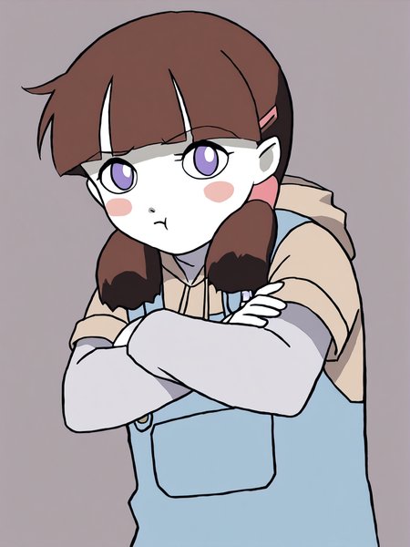 score_9, score_8_up, score_7_up, score_6, source_anime, 1girl,  <lora:BigO_PDXLv1c Tami:1> tami_(the_big_o),pale skin, brown hair, blush stickers, purple eyes, twintails, hairclip, red white footwear, blue overalls, tan hoodie, gray long sleeves, 1990s \(style\), upper body, pout, :t, closed mouth, <lora:Pout_XLPD:0.9>, closed eyes, crossed arms,