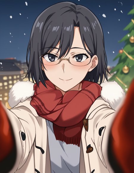 score_9, score_8_up, score_7_up, source_anime, <lora:mii-konori-s1-ponyxl-lora-nochekaiser:1>, mii konori, short hair, black hair, black eyes, glasses, hair between eyes, mature female, anime screencap,, <lora:pov-cheek-warming-ponyxl-lora-nochekaiser:1>, pov cheek warming, pov cheek warming (meme), winter gloves, duffel coat, fur-trimmed scarf, winter clothes, red mittens, meme, winter coat, red scarf, fur-trimmed coat, reaching towards viewer, reaching, mittens, fur-trimmed hood, white coat, open coat, scarf, coat, red gloves, snowing, pov, fur trim, depth of field, smile, blush,, christmas, christmas tree, christmas lights,, , dutch angle, cowboy shot