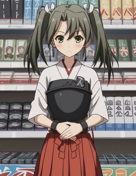 score_9, score_8_up, score_7_up, source_anime, <lora:kacolle-zuikaku-s1-ponyxl-lora-nochekaiser:1>, zuikaku, long hair, ribbon, twintails, green eyes, hair ribbon, zuikaku (kancolle), skirt, japanese clothes, muneate, red skirt, pleated skirt,, music store, browsing records, headphones, vinyl collection, nostalgic, , , hands on stomach, blush,, solo,, cowboy shot, dutch angle