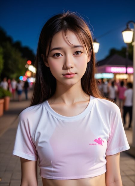 asian girl, korean girl, petite, skinny,  detailed face, white shirt, upper body, closeup, portrait, blurry background, pink lighting, night, dark, pink theme, outdoors,, , ((realistic photo, realistic,)),, ,<segment:yolo-face_yolov8m.pt,0.4,0.5//cid=1>  ,, , flat stomach, <lora:Body Type_alpha1.0_rank4_noxattn_last:0.5>,