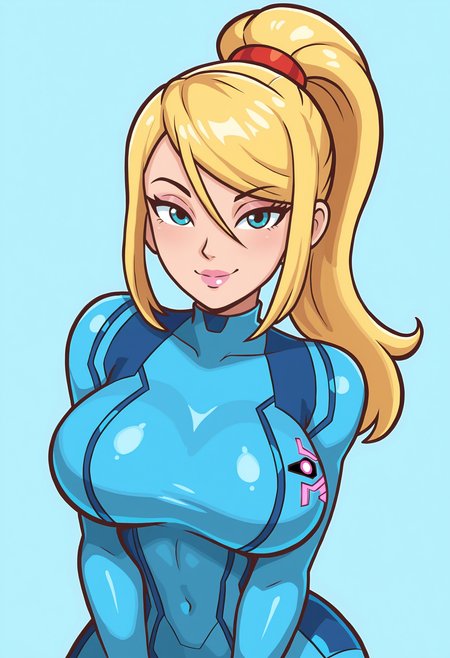 masterpiece, best quality, amazing quality, very aesthetic, absurdres, newest,1girl, <lora:SuperPrincessPeachF:0.7> sppeach, smile, solo, samus aran, 
light blue background,