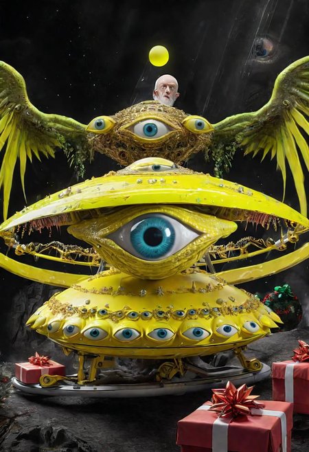 seraphins, mystical creature with hundreds of eyes and wings, roswell alien with yellow christmas hat, delivering presents with santa riding a ufo sleigh, intricate complexity, surreal horror, inverted neon yellow drip paint, photoreal