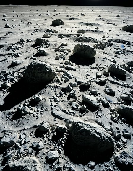 A high-resolution photograph of the Moon's surface, showcasing its rocky, cratered terrain with fine lunar dust. The foreground is dominated by detailed lunar regolith, with small rocks and uneven textures illuminated by the harsh, direct sunlight. Shadows are sharp and deep due to the lack of atmosphere. In the background, Earth appears as a vibrant blue and white sphere, partially illuminated, contrasting against the blackness of space. The composition is balanced, with Earth positioned slightly off-center to create a sense of depth and scale. The lighting is natural, with the Sun casting a bright glow on the lunar surface while leaving some areas in darkness, emphasizing the stark and desolate beauty of the Moon.
<lora:SDXLFaeTastic2400:0.4> <lora:extremely_detailed:0.4> extremely detailed, <lora:moon_surf4c3_v2:1>,moon surf4c3, Masterpiece,best quality,hi res,8k,hi res,8k,award winning,(sharp focus, intricate, highly detailed),