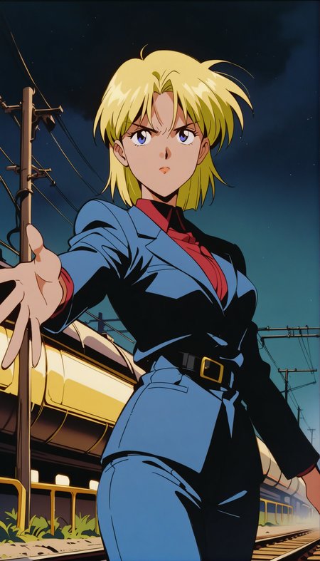 masterpiece,best quality,very aesthetic,absurdres,1990s \(style\),Electra XL,1girl,solo,business_suit,blonde hair,short hair,blue eyes,<lora:Electra XL:0.9>,cowboy shot,railroad,serious,night,outstretched_arm,
