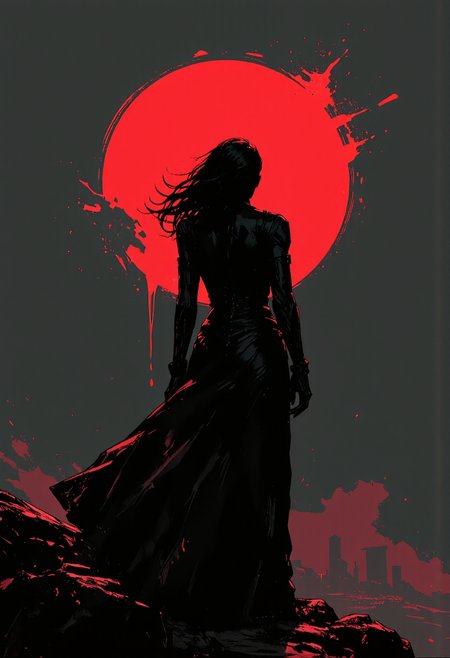 ArcaneFGTNRhigh A surreal and captivating artwork of Dark and enigmatic woman with flowing black hair and a long black dress, standing against a striking red sun backdrop with a dripping paint effect, silhouetted city skyline in the distance, minimalistic yet dramatic composition, moody and cinematic atmosphere