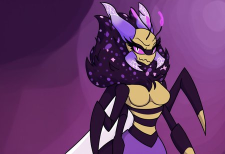 hivemine_(retrospecter), arthropod girl, absurd_res, hi_res, antennae_(anatomy), arthropod girl, bee, bee girl, arthropod abdomen, anthro, 4 arms, mandibles, hivemore form, ((castle background)), dress, purple dress, looking at viewer, light purple eyes, serious, serious expression, (wavy mouth), featureless breasts, csr style