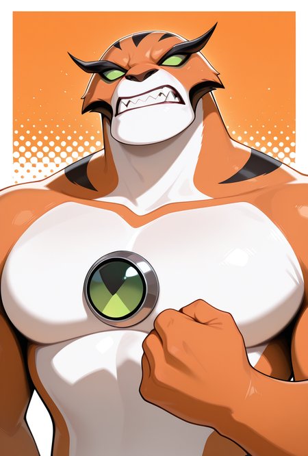 <lora:rath-10:1> rath, furry, 1boy, green eyes, green sclera, solo, no humans, clenched teeth, fangs, orange fur, sharp teeth, big arms,  no pupils, big body, orange background,, upper body, halftone effect, white borders, abstract background:1.2,, masterpiece, best quality, amazing quality, very aesthetic, absurdres, newest,