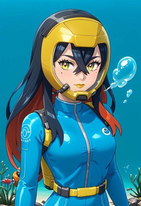 PokemonStyle, pokemon \(anime\), full body,solo female, score_9, score_8, score_7, score_6_up, source_anime, anime coloring, anime screencap, official art,
BREAK full body, 1girl, black hair, colored inner hair, crossed bangs, hair between eyes, hairband, long hair under helmet, mole, mole under eye, multicolored hair, red hair, sidelocks, two-tone hair, yellow eyes, low lipstick only, floating hair, (blue wetsuit), long sleeves, bare legs, beautiful legs, barefoot,
BREAK
(pokemoncarmine wearing (snug fitting, head-sized(yellow diving helmet ))), (helmet overlapping chin, helmet overlapping cheeks, helmet overlapping jawline, helmet overlapping ears), shiny glass visor:0.5, 
BREAK underwater, seafloor, rocks, sea-green background:0.25, sea-green overlay:0.55, seaweed, neck 
BREAK blue background:0.25, bubbles, BREAK mask snugly on face, regulator, breathing tube, orange oxygen tank strapped to back, harness tightly on chest, belt, swimmingai, floating, bubbles, looking at viewer, diving, looking to side, aloof, closed mouth, vents on helmet, covered ears,