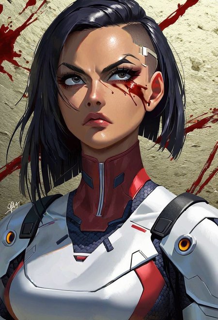 score_9_up, score_8_up, score_7_up, very detailed, 
1girl, dark skinned, tanned, battle armour, blood on clothes, blood on face, angry, exhausted solo focus on female face, portrait shot, from stomach up, stylised, cyberpunk building in background, detailed face, best detail, (best quality:1.5), masterpiece, (high resolution:1.5) 
ng_deepnegative_v1_75t, OverallDetail, , Expressiveh