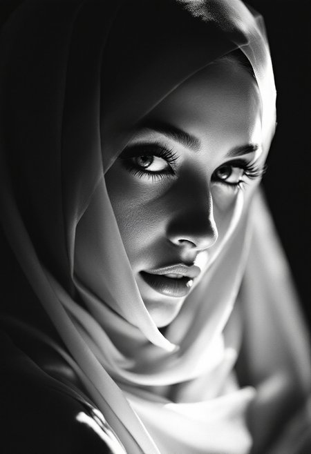 film noir style , woman,wearing hijab,gorgeous, amazing, elegant, intricate, highly detailed, dynamic, sharp focus, beautiful light, friendly, glowing, symmetry, passionate, complex, confident, inspired, brave, vibrant, colorful, thought questioning, pretty, attractive, iconic, epic, fantastic, artistic, background, illuminated, cinematic, fine detail, enhanced,monochrome, high contrast, dramatic shadows