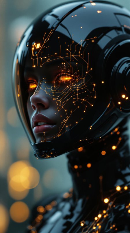 Woman wearing a cyberpunk style shiny black helmet with robotic features, the reflection on her face is made of glowing golden wires with intricate details, hyper realistic photography in the style of editorial pose, photorealistic, 8k, high render