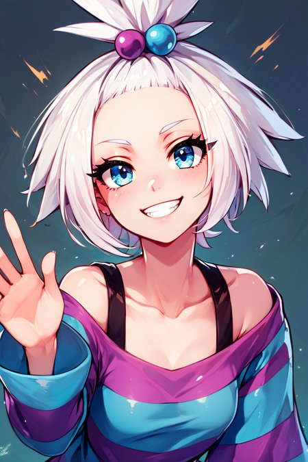 score_9, score_8_up, score_8, medium breasts, (curvy), cute, eyelashes,       BREAK, , zzRoxie, blue eyes, white hair, hair bobbles, topknot, striped dress, <lora:Roxie_Pokemon_PDXL_Citron:0.8>, , BREAK, looking at viewer,  smile, waving, upper body, leaning forward, head tilt,  embedding:zPDXL, Expressiveh, <lora:CatalystStylePDXL:0.6>,  <lora:SDXLFaeTastic2400:0.5>,  <lora:Expressive_H-000001:0.4>,