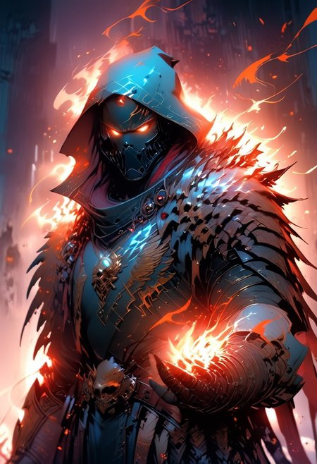 score_9, score_8_up, score_7_up, score_6_up, score_5_up, score_4_up, 
1man in a hood holding glowing lights and wearing a jacket, glowing, mask, gloves, glowing eyes, jewelry,  armor pauldron, flames in hands, Arcane, 40k style,