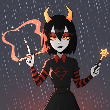 OverallDetail, BREAK, Niikou, Black hair, short hair, hair between eyes, horns, colored skin, grey skin, colored sclera, orange sclera, black lipstick, red eyeshadow, BREAK, black shirt, striped sleeves, collared shirt, red symbol, striped sleeves, skirt, dark background, rainy, forest, monochrome background, warm lighting, wand, magic, posing,