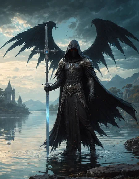 a male ghost character with a giant sword standing in front of a body of water, gothic grunge anime style, concept art, fantasy art, expressive sketch, villain, has black angel wings, dark ornate royal robes, limited palette, NPC with a saint\'s halo, detailed fantasy character study, Luis Ricardo Falero, highly detailed character design, cloak, hooded, evil, glowing eyes extremely high details, style of Marc Simonetti