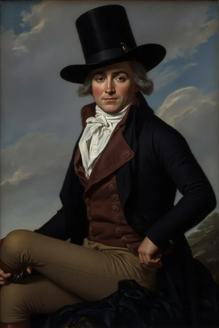 jldavid1 painting.
A man is seated outdoors, against a backdrop of a clear sky with a few wispy clouds. The man wears a tall, black top hat. His hair is styled in a powdered wig, characteristic of the late 18th century. He is dressed in a white cravat, a long, high-collared white shirt, and a dark, fitted tailcoat with intricate buttons down the front. <lora:jldavid1_cap_d6a3:1.0><lora:815785993996099080:0>