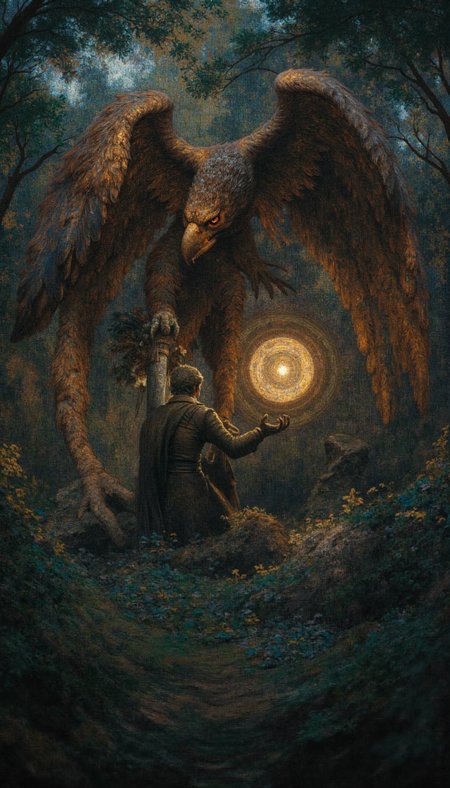 GLOW,intricate tetradic colors in every details,FLUORESCENT,asian woman, A colossal eagle, resplendent in its plumage of umber and sepia, stands as a testament to nature's grandeur beside a solitary figure cloaked in the attire of a wayfarer. Bathed in the cerulean and ochre hues of crepuscular light, the scene evokes a sense of ethereal tranquility. Capture the interplay of light and shadow, meticulously rendering each feather and the dew-kissed foliage underfoot. Focus on the palpable bond between the stoic raptor and the enigmatic traveler, their connection transcending the mundane. The background should dissolve into a soft-focused tapestry of ancient woodland, imbued with the mystique of twilight.