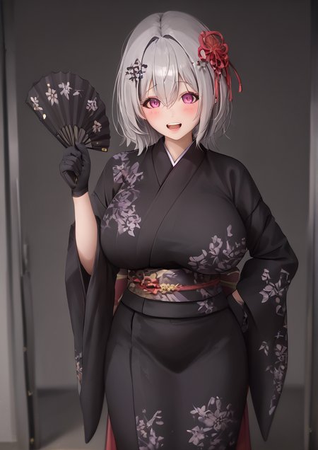 1girl, kanzaki rio, huge breast, 3d, black bow, black gloves, black kimono, blush, bow, breasts, cowboy shot, dot nose, floral print, flower, gloves, gold trim, grey hair, hair between eyes, hair bow, hair flower, hair ornament, hand fan, holding, holding fan, japanese clothes, kimono, long sleeves, looking at viewer, medium hair, obi, open mouth, print kimono, purple eyes, raised eyebrows, red flower, sash, solo, teeth, two-tone kimono, white kimono, wide sleeves, <lora:prab:1>